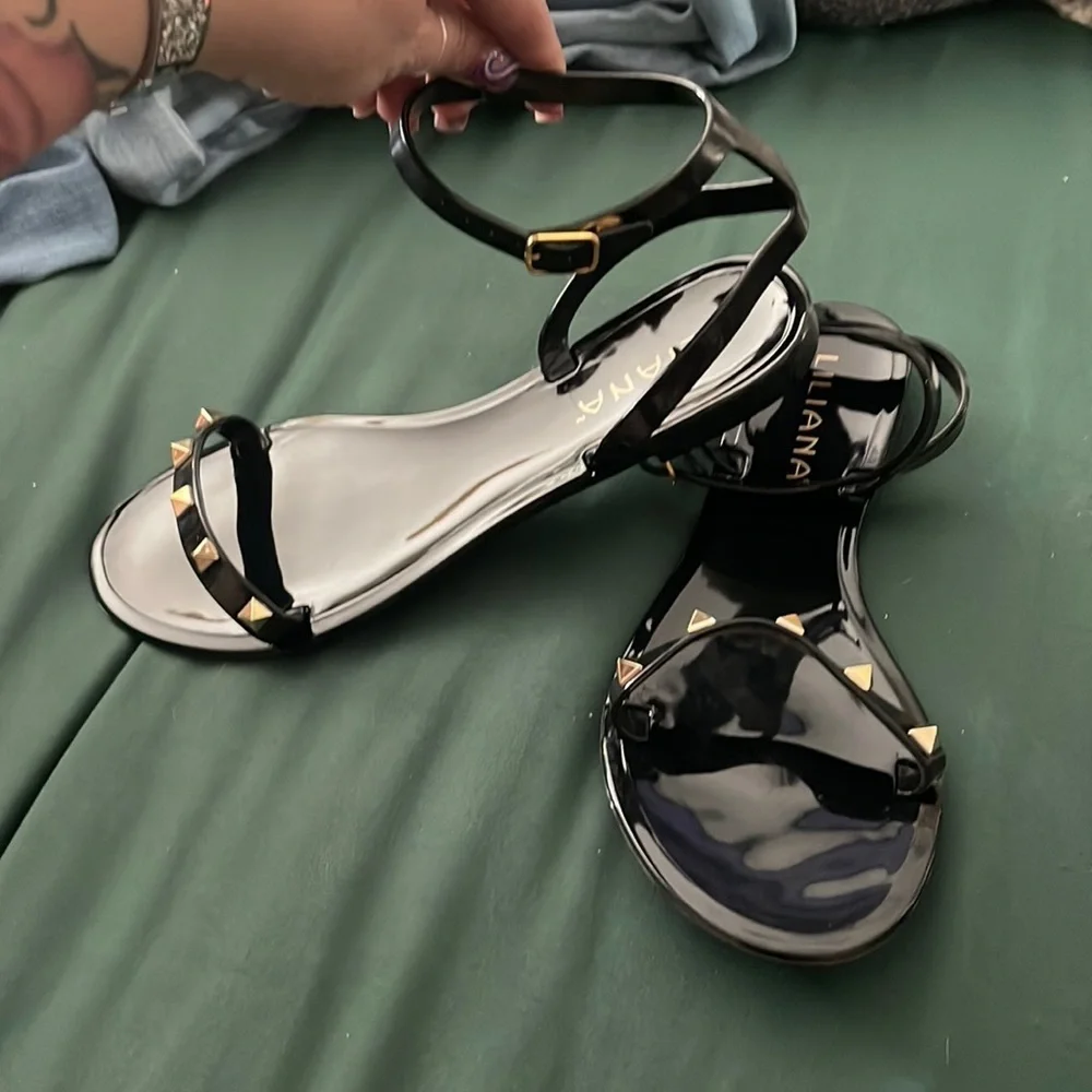 Size 7 black spiked ankle strap sandals